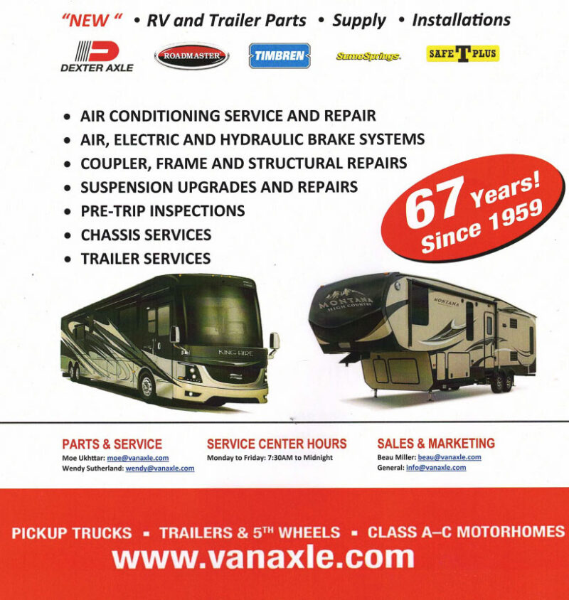 Promotional flyer for Vancouver Axle and Frame Limited, an RV alignment and suspension specialist in Surrey, BC, listing services such as air conditioning repair, brake systems, structural repairs, suspension upgrades, inspections, chassis services, and trailer services, with company contact information and photos of an RV and a fifth-wheel trailer.