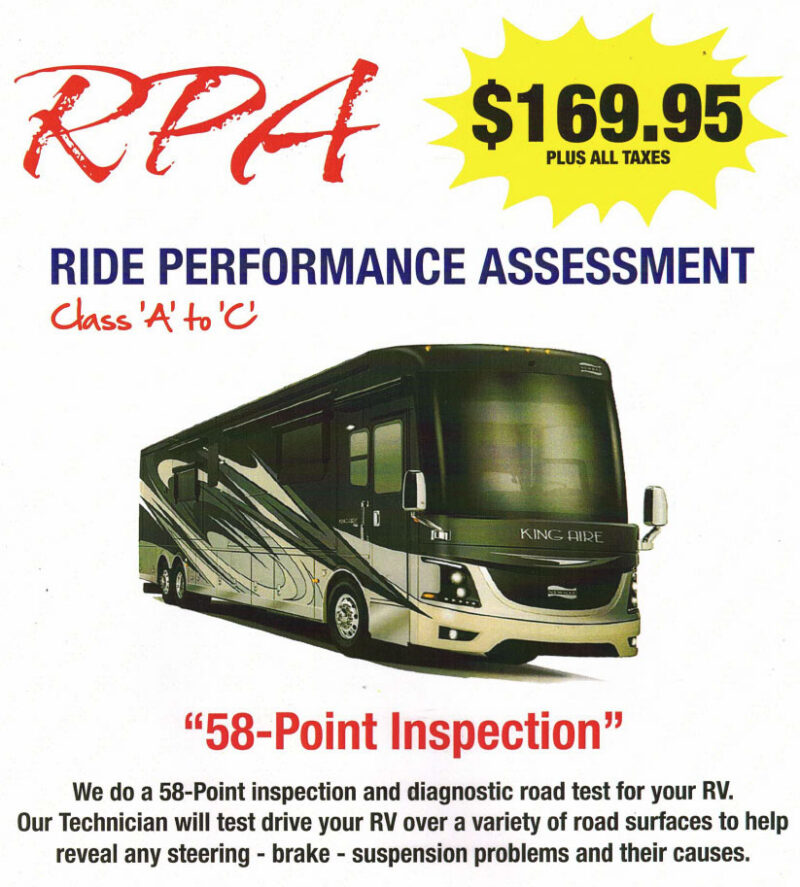 Flyer advertising an RPA ride performance assessment for RVs, priced at $169.95 plus taxes, featuring a large motorhome and noting a 58-point inspection and diagnostic road test for Class A to C RVs.